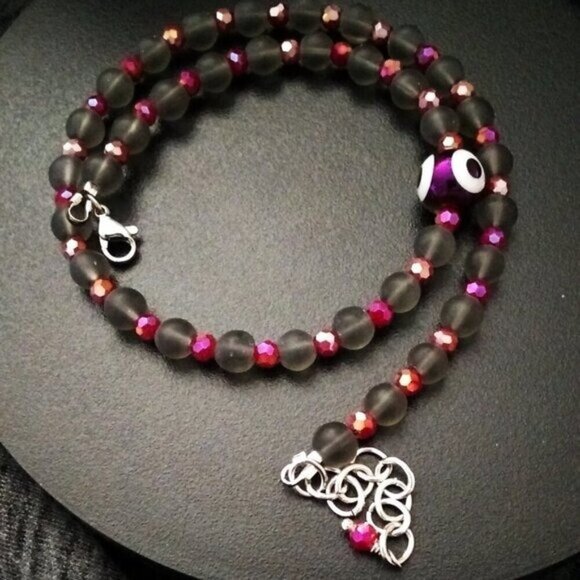 Vibrant Wrap Bracelet + Earring Set ~ Evil Eye ~ Frosted Gray & Sparkling Pink - Picture 2 of 10